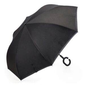 Guarda-chuva invertido com forro interno. Tecido de nylon impermeável preto, possui um mecanismo inovador permitindo que o usuário não se molhe.