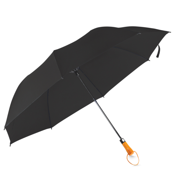 Guarda-chuva com Cabo de madeira e haste de metal + capa protetora, botão acionador para abertura automática, tecido ponge chinês, seda crua poliéster, oito varetas. Poliester 190T Pongee