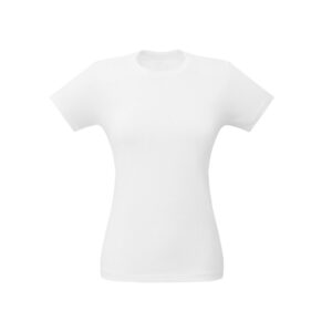 Camiseta feminina de corte cinturado em malha 100% algodão (170 g/m2) com fio 30/1 penteado. Com gola em ribana 1x1 com fita de reforço e com costura dupla nas mangas, barra de fundo e laterais.