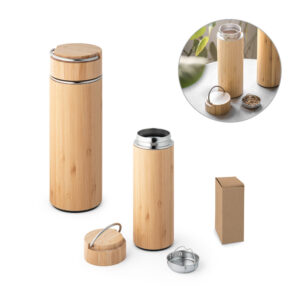Squeeze | Garrafa em bambu e aço inox, com corpo duplo e isolamento a vácuo. Capacidade até 440 ml. Food grade. Fornecido em caixa presente.