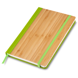 Caderno de anotações com capa de bambu e PU com elástico e miolo com 70 folhas.