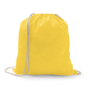 Sacola tipo mochila em algodão reciclado e poliéster (140 g/m²), no formato: 370 x 410 mm.