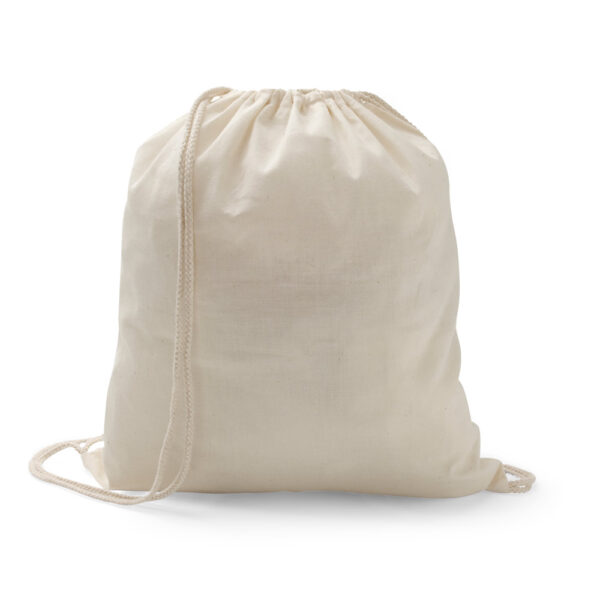 Sacola tipo mochila em algodão reciclado e poliéster (140 g/m²), no formato: 370 x 410 mm.