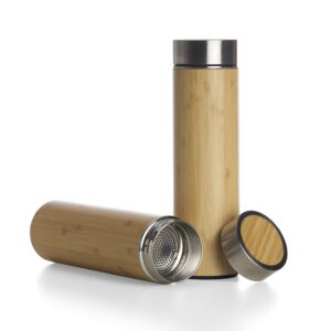 Squeeze | Garrafa de bambu e inox térmica 500ml com parede dupla e infusor. Conserva temperatura quente ou fria.