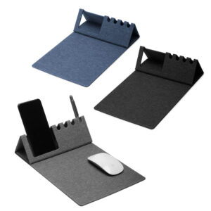 Mouse pad em material reciclável, com porta canetas, porta cartões ou apoio para celular.