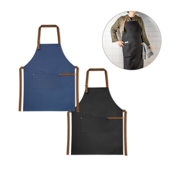 Avental 100% algodão canvas (300 g/m²) com detalhes em metal. Com 3 bolsos multifuncionais e uma tira lateral (para suporte de um pano de cozinha). Tira do pescoço facilmente ajustável. 680 x 900 mm